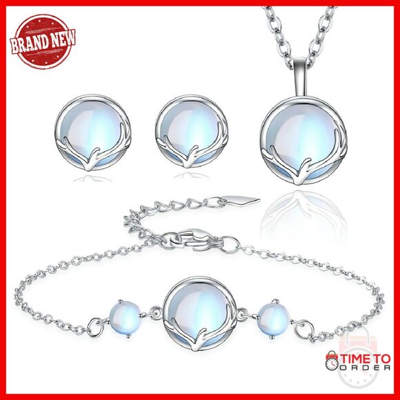 Moonstone Jewelry Set Necklace Bracelet Earrings Sterling Silver